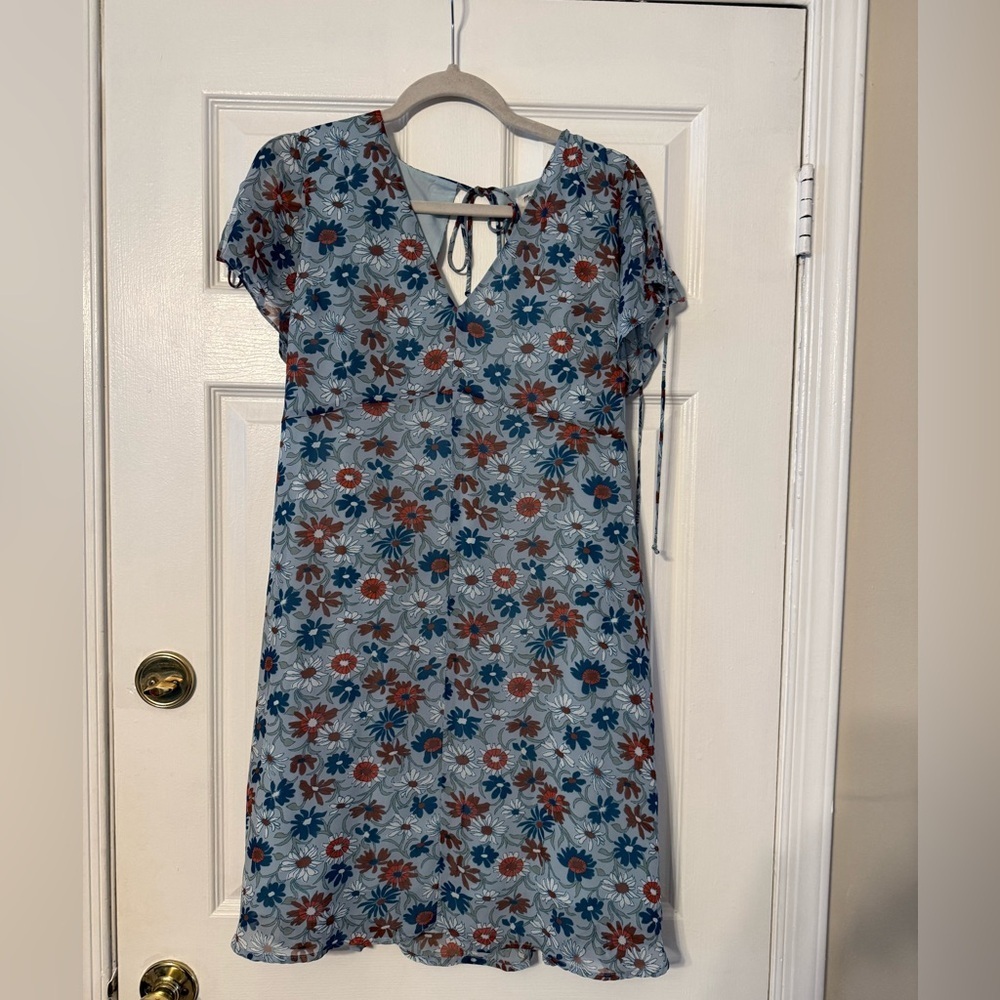 Madewell Blue Floral Midi Dress with Rust and Teal Accents